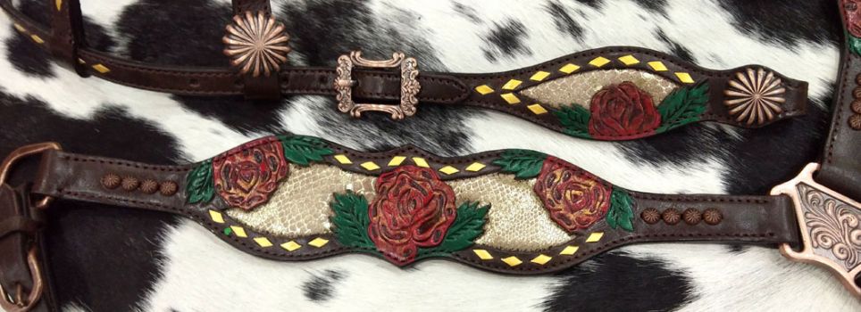 Showman Gold snake print inlay with painted rose accent one ear headstall and breast collar set #4